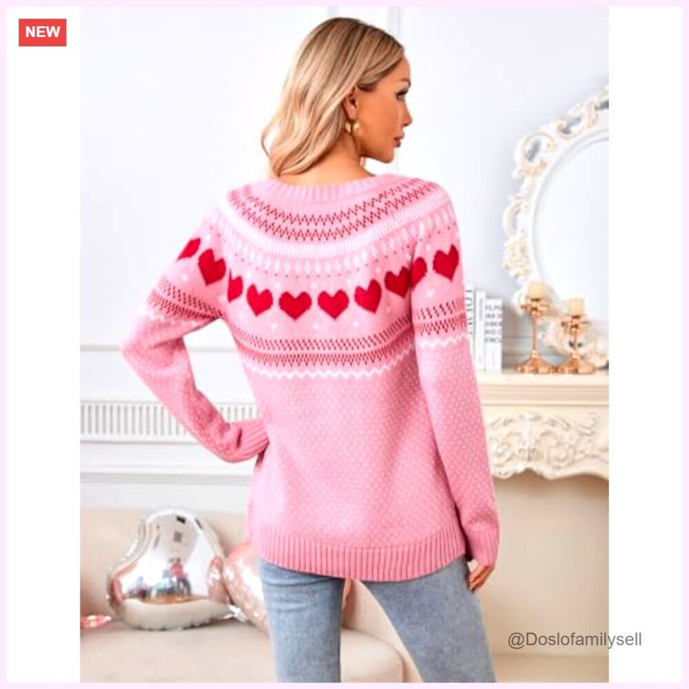 Fair Isle Heart Pattern Pullover Sweater Long Sleeve Crew Neck Loose Casual - Picture 6 of 7
